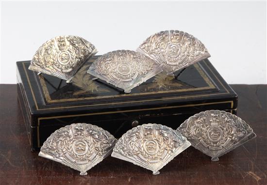 A cased set of six late 19th/early 20th century Chinese Export silver menu holders by Wang Hing, Hong Kong,